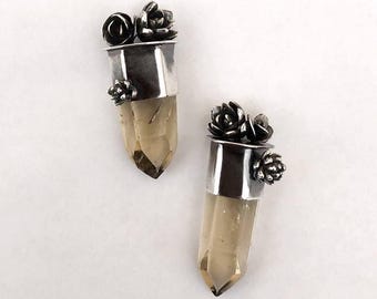 Sterling silver succulent citrine crystal point earrings posts studs cast 925 real organic botanical detailed nature textured leaves chunky