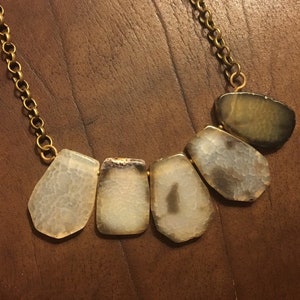 Agate crystal stone silver necklace beige brown tan gray black pendants rustic recycled metal freeform slab agate heavy upcycled brass chain