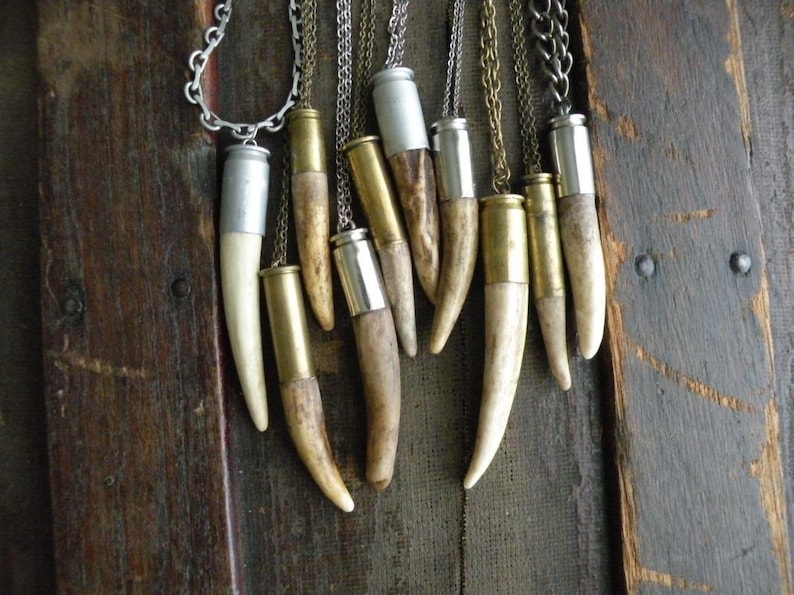Antler tip bullet shell necklace chain rustic upcycled recycled punk vintage salvaged silver brass men women fathers day deer image 3