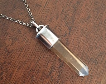 Smoky citrine quartz crystal sterling silver pendant necklace 925 distressed clear point gemstone gem stone rock small wand brown golden raw