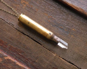 Quartz crystal bullet shell necklace chain rustic recycled punk vintage salvaged big large steampunk statement silver brass men women