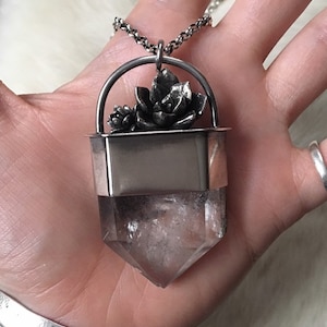 Succulent capped huge lodolite garden clear quartz crystal sterling silver pendant necklace 925 distressed phantoms point gem large wand
