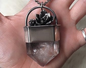 Succulent capped huge lodolite garden clear quartz crystal sterling silver pendant necklace 925 distressed phantoms point gem large wand