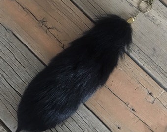 Real black upcycled fox tail bullet shell keychain key chain punk rustic recycled fur mens womens bag purse charm fur silver brass casing