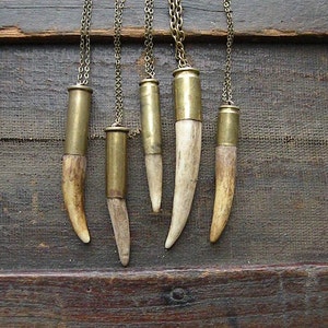 Antler tip bullet shell necklace chain rustic upcycled recycled punk vintage salvaged silver brass men women fathers day deer image 1
