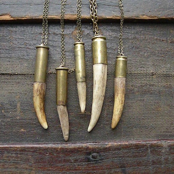 Antler tip bullet shell necklace chain rustic upcycled recycled punk vintage salvaged silver brass men women fathers day deer