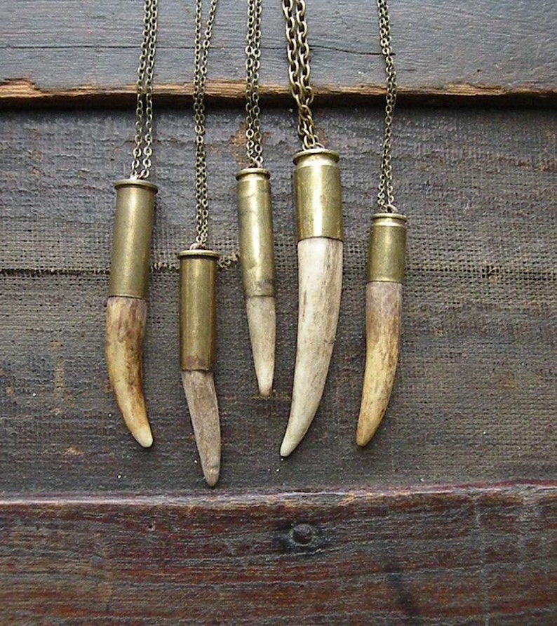 Antler tip bullet shell necklace chain rustic upcycled recycled punk vintage salvaged silver brass men women fathers day deer image 1