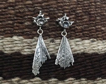 Vertebrae short dangle torn leaf sterling silver earrings posts studs cast 925 real organic botanical detailed nature textured leaves bones