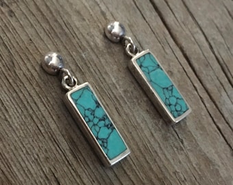 Vintage turquoise sterling silver dangle posts earrings thick 925 sleek modernist modern classic rectangle bezel ball detailed geometric