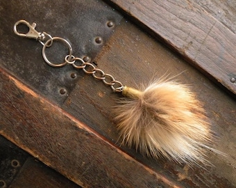 Real upcycled fox vintage fur puff bullet shell keychain red rust tan gray black white punk rustic tail fashion mens womens purse charm pouf