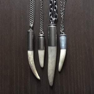 Large antler tip huge bullet shell necklace chain rustic upcycled recycled punk vintage salvaged silver brass men women fathers day deer