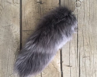 Real gray upcycled fox tail bullet shell keychain key chain punk rustic recycled fur mens womens bag purse charm grey silver brass casing