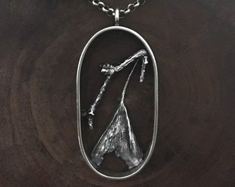 Twig ginkgo leaf weatherd torn sterling silver charm necklace cast 925 real organic botanical detailed nature textured grunge pendant oval