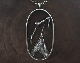 Twig ginkgo leaf weatherd torn sterling silver charm necklace cast 925 real organic botanical detailed nature shadow box pendant oval art