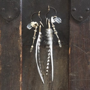 Brass quartz feather earrings pierced gold silver tone beads oxidized cluster wire wrapped statement crystal metal wedding white brown boho