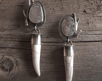 Sterling silver druzy crystal magnesite dangle earrings posts cast twig 925 real organic botanical detailed nature textured chunky heavy