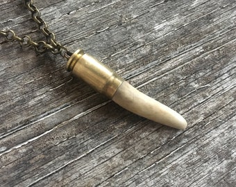 Antler tip bullet shell necklace chain rustic upcycled recycled punk vintage salvaged silver brass men women fathers day deer