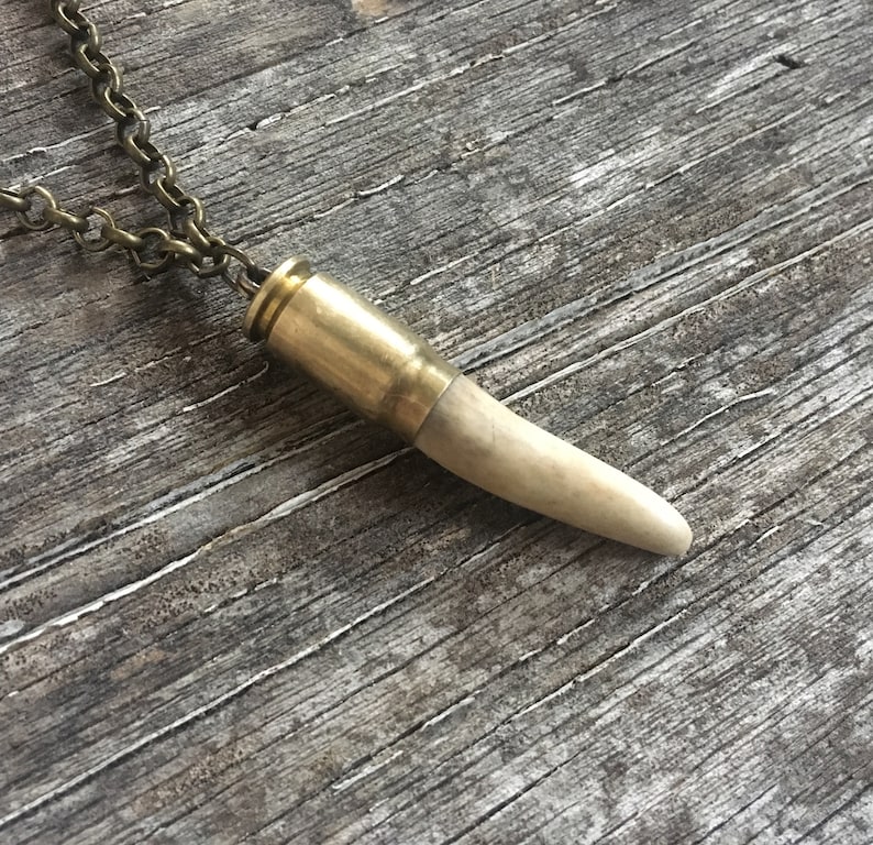 Antler tip bullet shell necklace chain rustic upcycled recycled punk vintage salvaged silver brass men women fathers day deer image 4