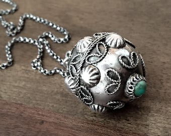 Vintage handmade ball sterling silver turquoise stone wire filigree orb pendant necklace rolo chain oxidized wrapped hammered Asian