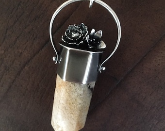 Succulent lodolite garden clear quartz crystal sterling silver pendant necklace 925 distressed phantoms talisman floral flowers tower point