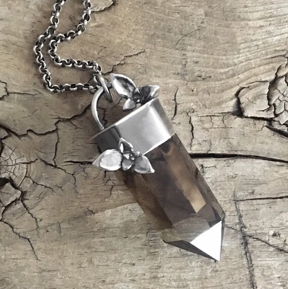 Succulent Capped Huge Smoky Clear Quartz Crystal Sterling Silver