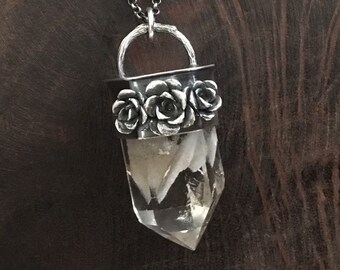 RESERVED for MFW - Succulent lodolite garden clear quartz crystal sterling silver pendant necklace 925 distressed phantoms point