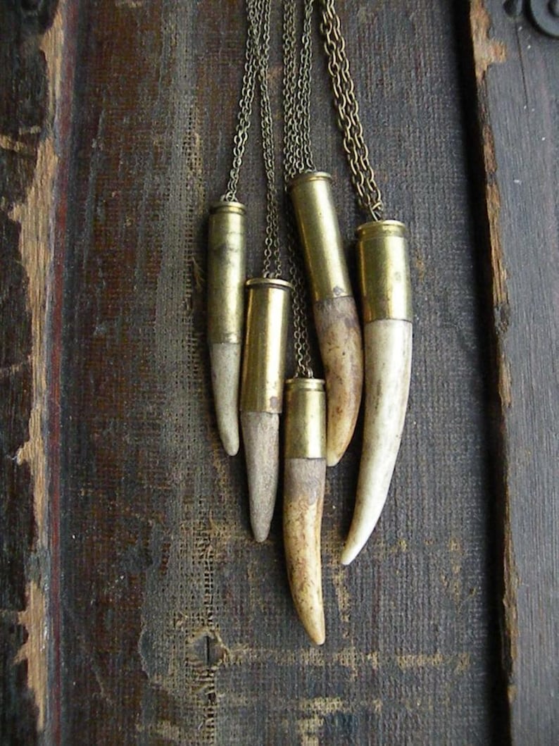 Antler tip bullet shell necklace chain rustic upcycled recycled punk vintage salvaged silver brass men women fathers day deer image 2