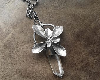 Succulent capped clear quartz crystal sterling silver pendant necklace 925 distressed phantoms point gemstone gem stone rock large wand