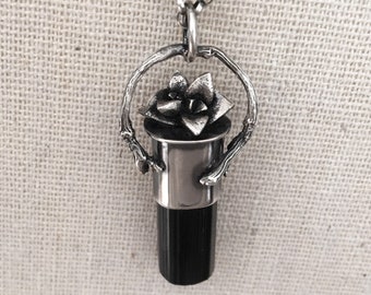Black tourmaline crystal sterling silver succulent pendant necklace 925 distressed twig bail vine branches gemstone gem stone rock small