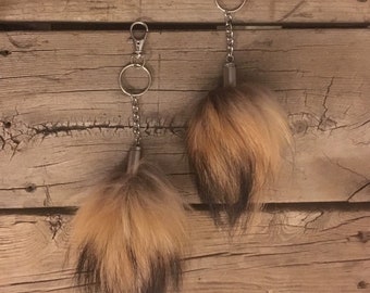 Real upcycled fox vintage fur puff bullet shell keychain red rust tan gray black white punk rustic tail fashion mens womens purse charm pouf