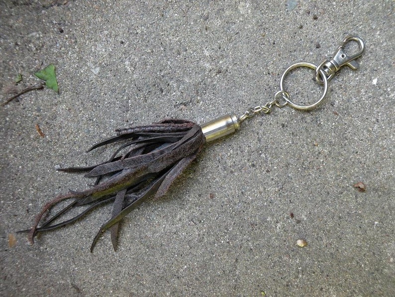 Black Leather Bullet Tassel Key Chain Keychain Punk Rustic Industrial Steampunk bag purse charm tan cream white brown green fathers day image 3