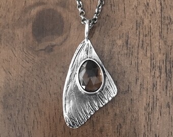 Butterfly wing long triangle  smoky quartz crystal sterling silver pendant necklace 925 distressed rosecut oval be free charm brown topaz