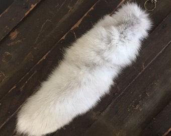 Real white upcycled fox tail bullet shell keychain key chain punk rustic recycled fashion mens womens vintage fur purse blue shadow charm