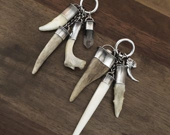 Sterling silver charivari antler bone herkimer diamond crystal tooth dangle earrings posts cast 925 real organic horn nature chunky heavy