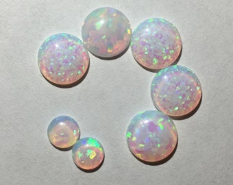 Synthetic white rainbow opals lot 7 cabochons cabs 5x - 8mm + 2x - 5mm loose flat back stones gems supplies vintage blue pink green destash