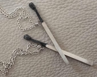 Vintage sterling silver cast real burnt matchstick necklace pendant 925 distressed rustic handmade flame fire burned match dainty simple
