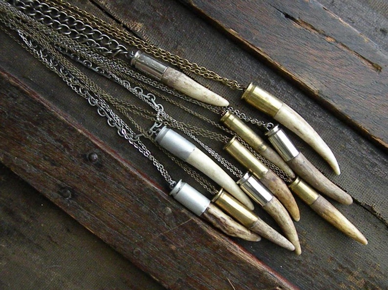 Antler tip bullet shell necklace chain rustic upcycled recycled punk vintage salvaged silver brass men women fathers day deer image 5