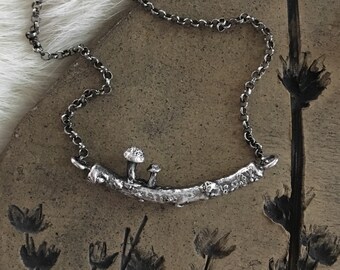 Mushroom twig sterling silver necklace cast 925 real botanical fungi detailed bar nature dainty branch stick organic natural woods handmade