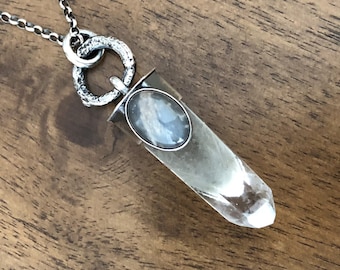 RESERVED for MFW - Moonstone lodolite garden clear quartz crystal twig sterling silver pendant necklace 925 distressed phantoms talisman