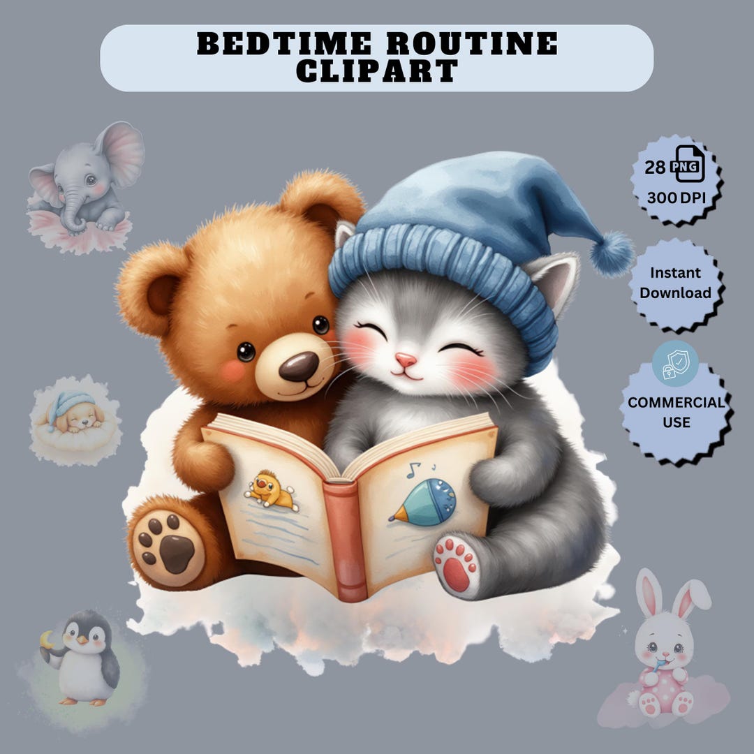 Bedtime Routine Animal Clipart Pack | Nursery Wall Art | Digital PNG ...