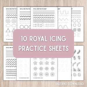 Könnte beinhalten: Zehn schwarz-weiße Royal Icing Übungsbögen mit verschiedenen Designs, darunter Linien, Formen, Buchstaben, Zahlen und Blumenmuster. Die Bögen dienen zum Üben von Zuckerguss-Techniken. Der Text "10 ROYAL ICING PRACTICE SHEETS" ist zu sehen.