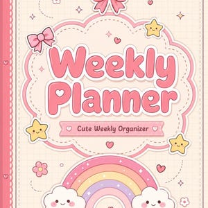 Puede incluir: Una agenda semanal rosa y blanca con las palabras "Weekly Planner" en letras rosas grandes. La agenda presenta un arcoíris, estrellas, nubes y lazos. También se incluye el texto "Cute Weekly Organizer" y "Plan your week with joy".