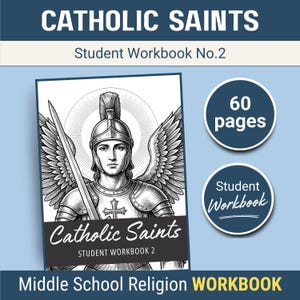 Può includere: Un quaderno di lavoro per studenti intitolato "Catholic Saints" con un'illustrazione in bianco e nero di un santo. Il quaderno di lavoro ha 60 pagine ed è per la religione della scuola media.