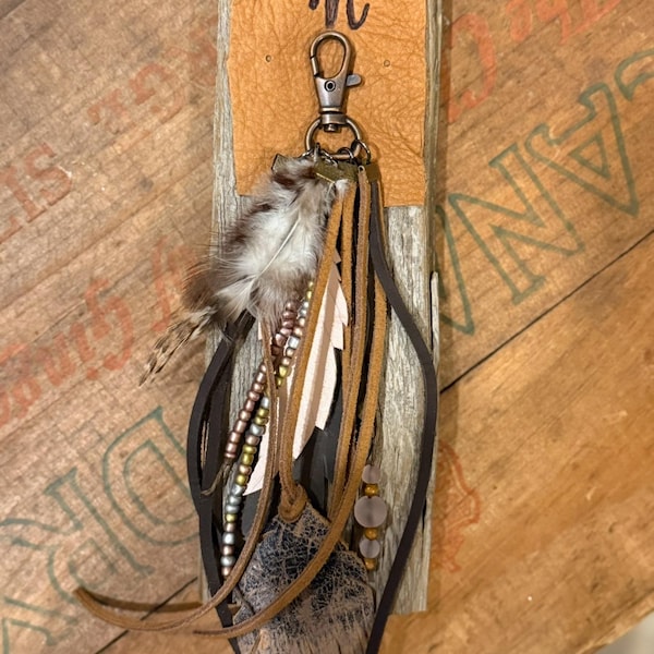 Leather, Bead, and Feather Purse Charm