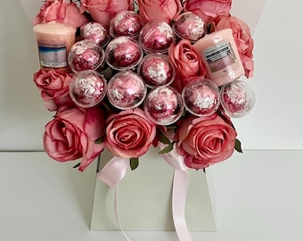 Pink Silk flowers(roses), Lindt chocolate and Candle Bouquet Gift Hamper