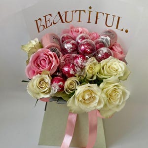 Mixed Silk Pink and Fresh White Roses, Lindt Chocolate And Candle Bouquet Hamper