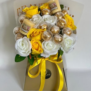 Yellow and White Silk flowers(roses), Lindt chocolate and Candle Bouquet Gift Hamper