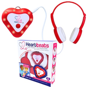 May include: A red and white electronic stethoscope toy with a heart-shaped display and headphones. The display has a button and lights. The box reads "Heartbeats Electronic Stethoscope with Audio & Visual Display". A STEM toy for ages 4+.