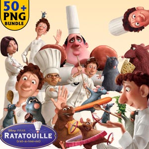 Puede incluir: Una ilustración colorida con personajes de la película de Disney Pixar Ratatouille. La imagen incluye a Remy la rata, Linguini, el chef Gusteau y otros personajes de la película. El texto "Disney Pixar Ratatouille (rat-a-too-ee)" se muestra en la parte inferior de la imagen.