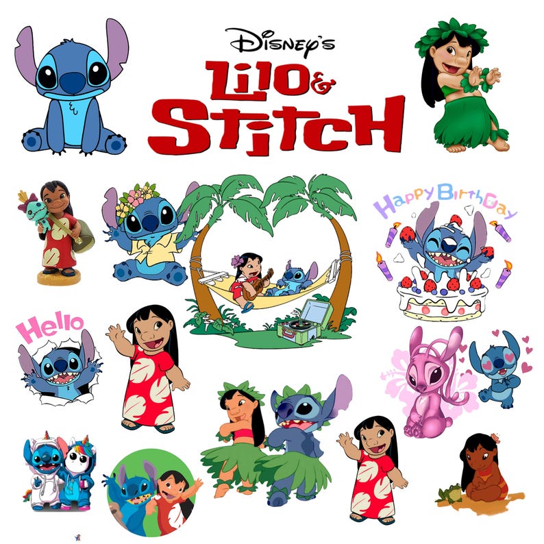 May include: A collection of colourful cartoon images featuring Lilo and Stitch from the Disney film. The images include Lilo and Stitch in various poses, including dancing, playing music, and celebrating a birthday. The images are perfect for scrapbooking, card making, or other craft projects.